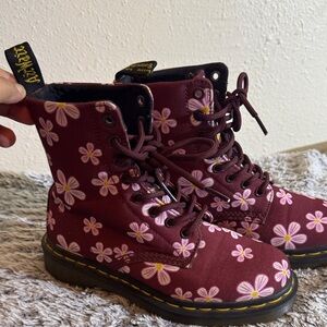 Dr. Martens Burgundy Boots with Pink and White Floral Design
